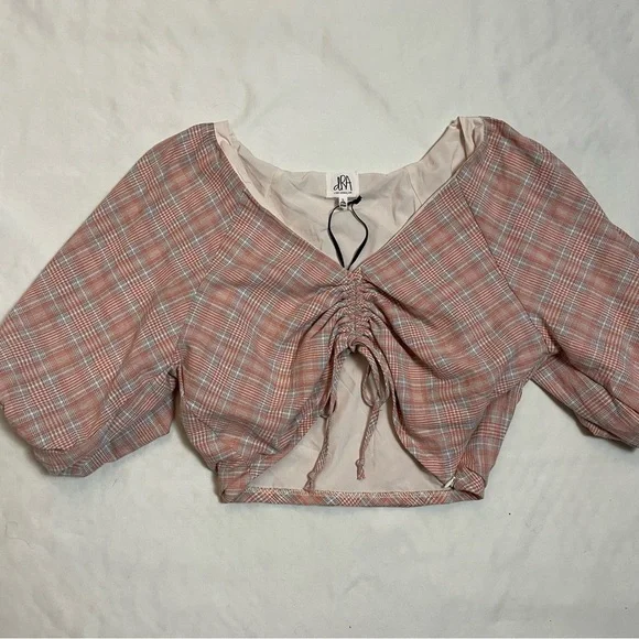 NWT New dRA Plaid Puff Sleeve Crop Top Size L - Picture 6 of 10
